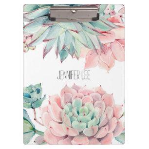 Cute pink green succulents and your name on  clipboard