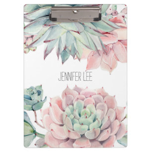 Cute pink green succulents and your name on  clipboard