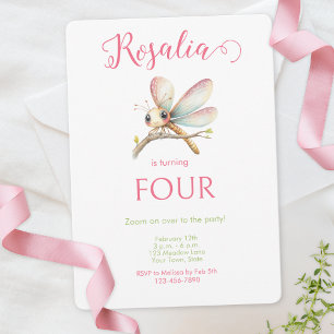 Cute Pink Green Watercolor Dragonfly Girl Birthday Invitation