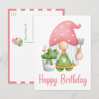 Cute Pink Green Watercolor Garden Gnome Birthday Postcard