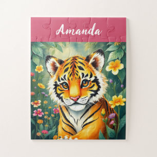 Cute Pink & Green Watercolor Tiger Kids Name Jigsaw Puzzle