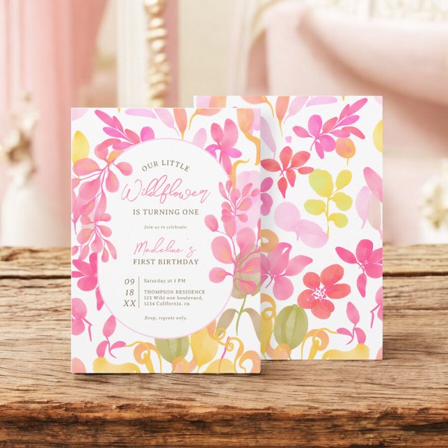 Cute pink green watercolor wildflower 1st birthday invitation (Cute pink green watercolor wildflower 1st birthday invitation)