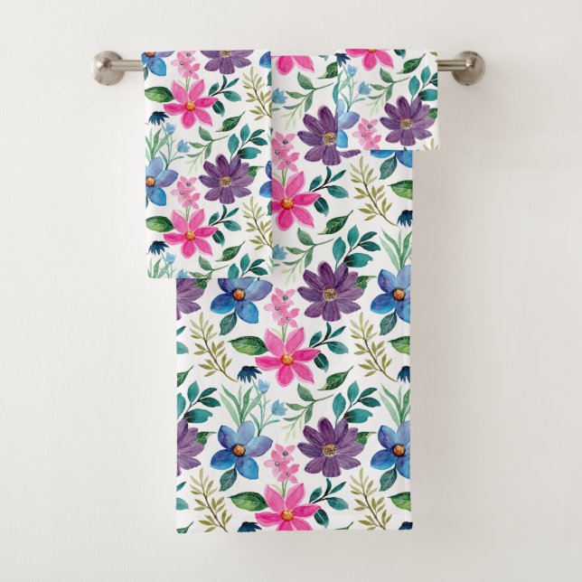 Cute Pink Greenery Pink Floral Pattern Bath Towel Set (Insitu)