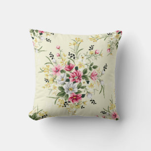 cute pink grey and yellow flowers with green leave throw pillow