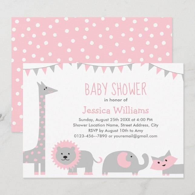 Cute Pink Grey Animals Baby Shower Invitation Girl (Front/Back)