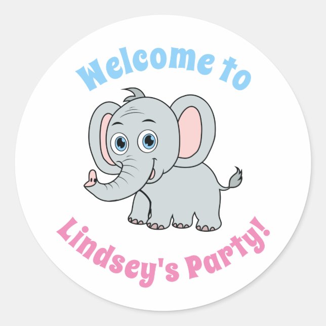 Cute Pink & Grey Blue Eyed Cartoon Elephant  Classic Round Sticker (Front)
