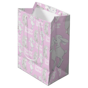 Cute Pink Grey Bunny Happy Easter Gift Medium Gift Bag