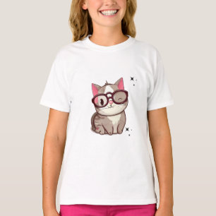 Cute Pink Grey Cats Wearing Glasses Black Stars T-Shirt