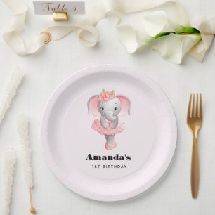Cute Pink & Grey Elephant Ballerina Birthday Paper Plate