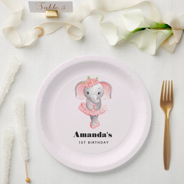 Cute Pink & Grey Elephant Ballerina Birthday Paper Plate (Wedding)