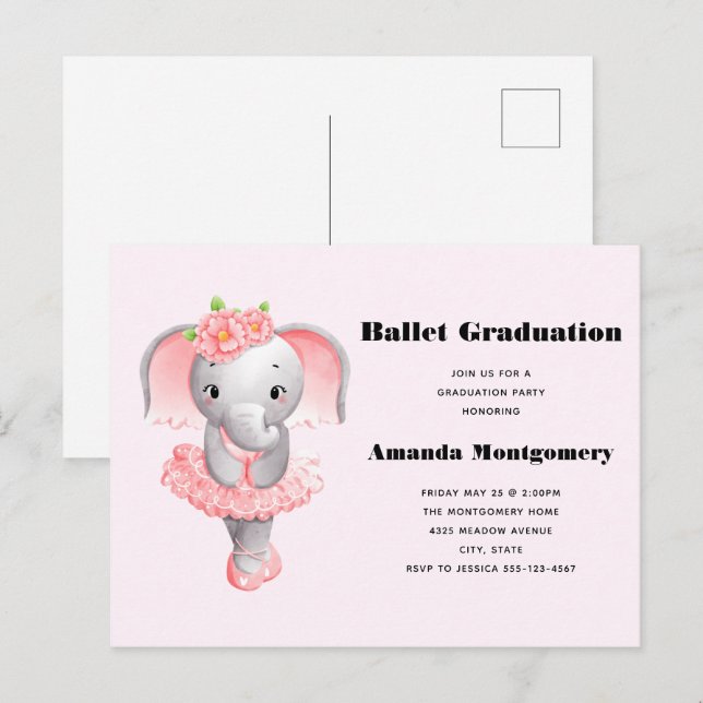 Cute Pink & Grey Elephant Ballerina Graduation Invitation Postcard (Front/Back)