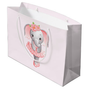 Cute Pink & Grey Elephant Ballerina Large Gift Bag