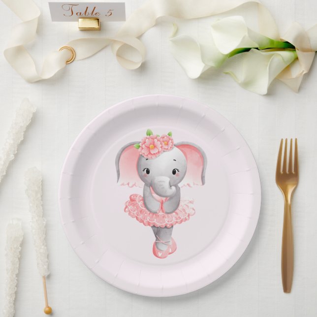 Cute Pink & Grey Elephant Ballerina Paper Plate (Wedding)