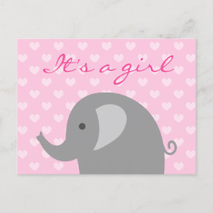Cute pink & grey elephant birth announcement card