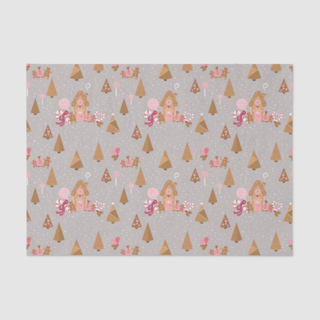 Cute Pink Grey Gingerbread Candy Cane Tissue Paper (Front)