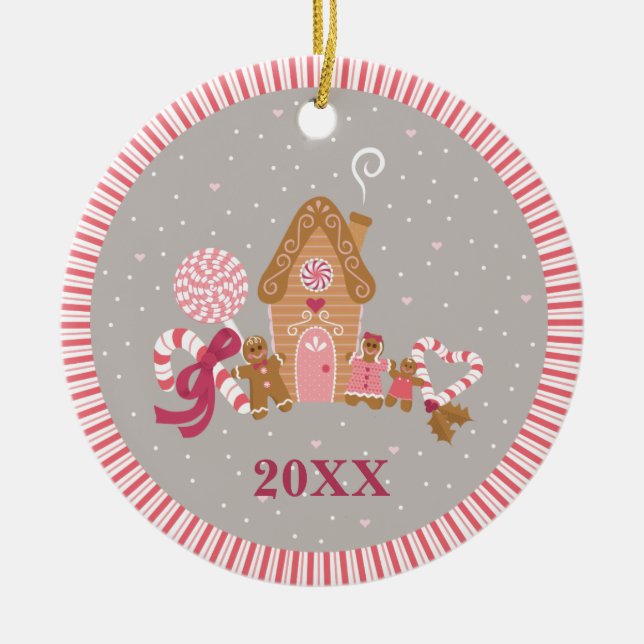 Cute Pink Grey Gingerbread Candy Round Ornament (Front)