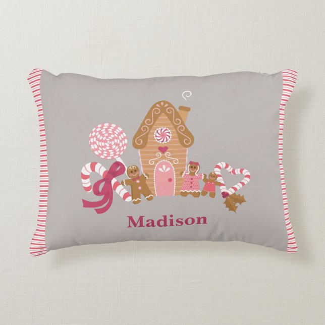 Cute Pink Grey Gingerbread Candy Throw Pillow (Front)