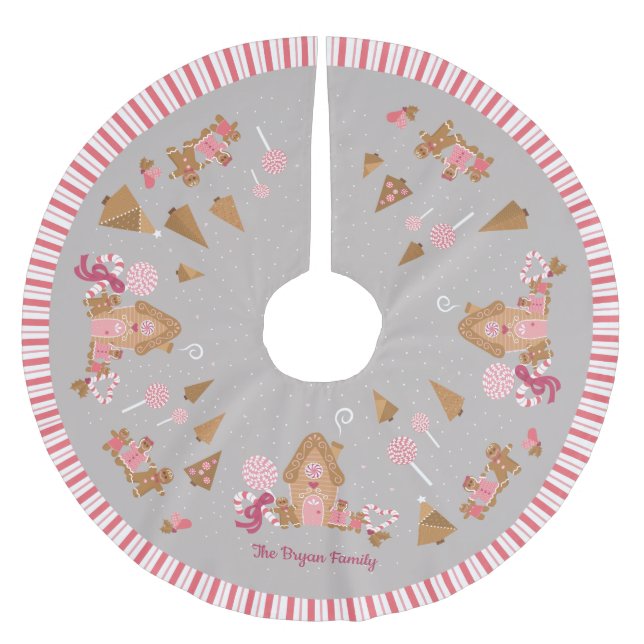 Cute Pink Grey Gingerbread House Candy Cane Brushed Polyester Tree Skirt (Front)