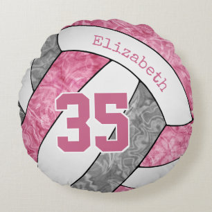 cute pink grey girls volleyball personalized round pillow
