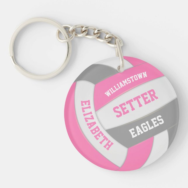 cute pink grey girly personalized volleyball keychain (Front)
