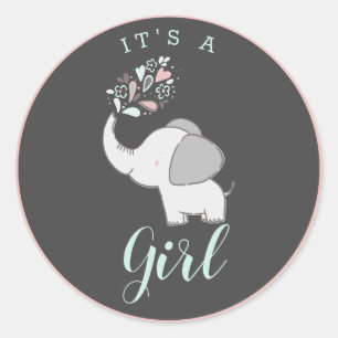 Cute Pink Grey & Mint Elephant It's a Girl Favour Classic Round Sticker