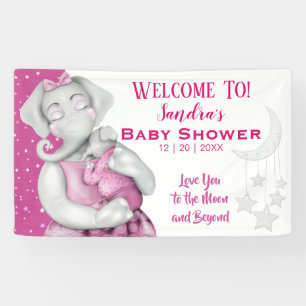 Cute Pink & Grey Mom & Baby Elephant Baby Shower Banner