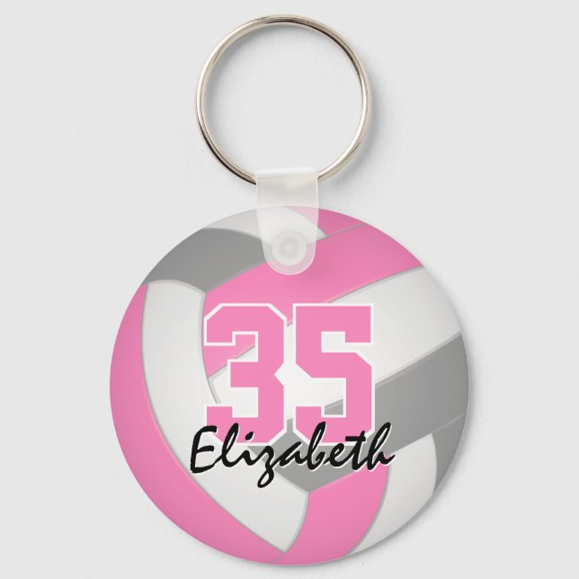 cute pink grey personalized volleyball keychain (Front)