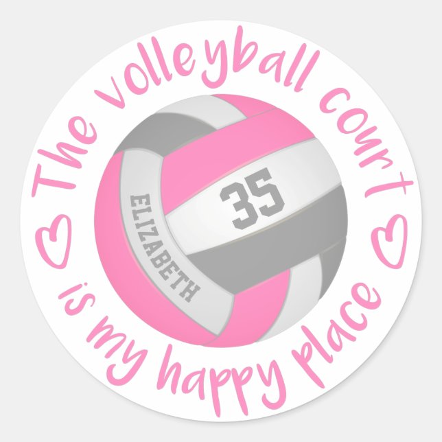 cute pink grey volleyball court my happy place classic round sticker (Front)