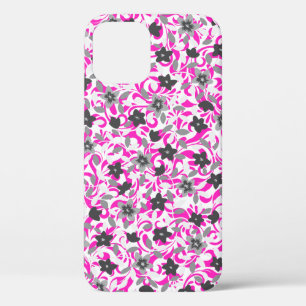 Cute pink grey white abstract flowers iPhone 12 case