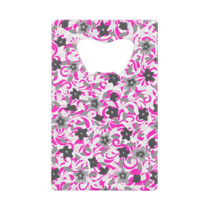 Cute pink grey white abstract flowers credit card bottle opener