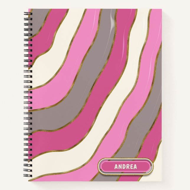 Cute Pink Grey White Tones Groovy Curve Stripes  Notebook (Front)