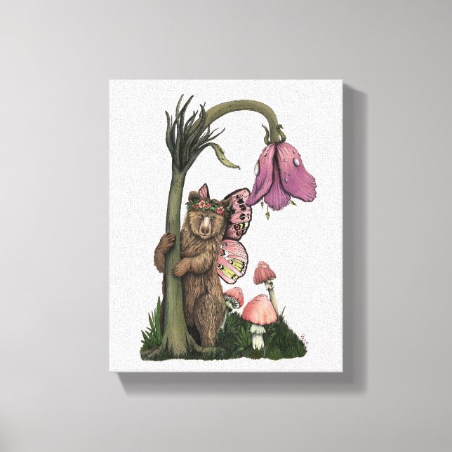 Cute Pink Grizzly Bear Fairy in Enchanted Forest  Canvas Print (Front)