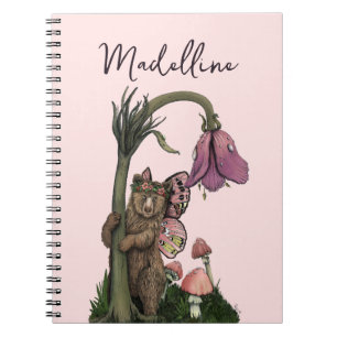 Cute Pink Grizzly Bear Fairy in Enchanted Forest Notebook
