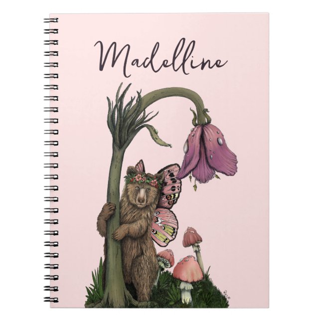 Cute Pink Grizzly Bear Fairy in Enchanted Forest  Notebook (Front)