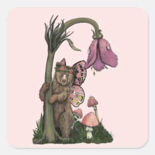 Cute Pink Grizzly Bear Fairy in Enchanted Forest  Square Sticker