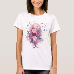 Cute Pink Hair Floral Anime Girl with Butterflies T-Shirt