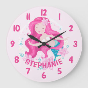 Cute Pink Hair Mermaid Girls Fantasy Bedroom Wall Large Clock