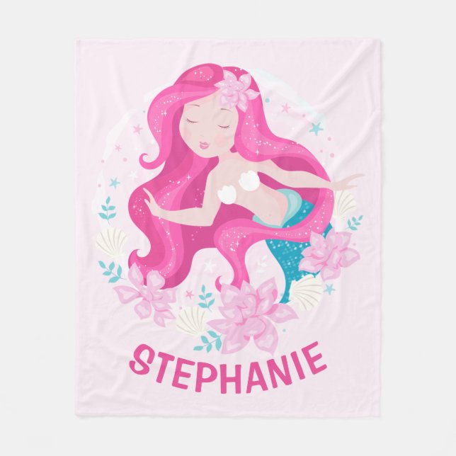 Cute Pink Hair Mermaid Girls Fantasy Personalized Fleece Blanket (Front)