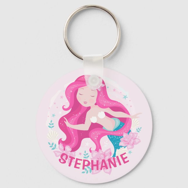 Cute Pink Hair Mermaid Girls Fantasy Personalized Keychain (Front)