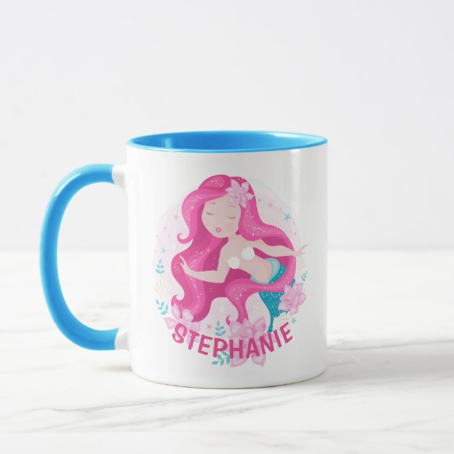 Cute Pink Hair Mermaid Girls Fantasy Personalized Mug (Left)