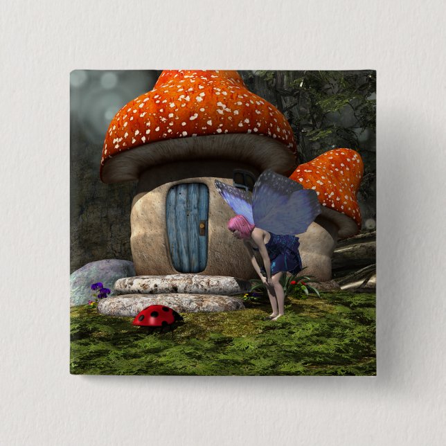 Cute Pink-Haired Fairy Meets Ladybug 2 Inch Square Button (Front)