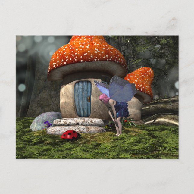 Cute Pink-Haired Fairy Meets Ladybug Postcard (Front)