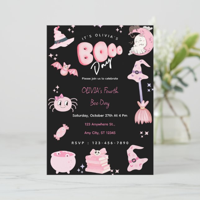 Cute Pink Halloween Birthday Boo Day Party Invitation (Standing Front)