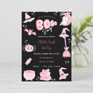Cute Pink Halloween Birthday Boo Day Party Invitation