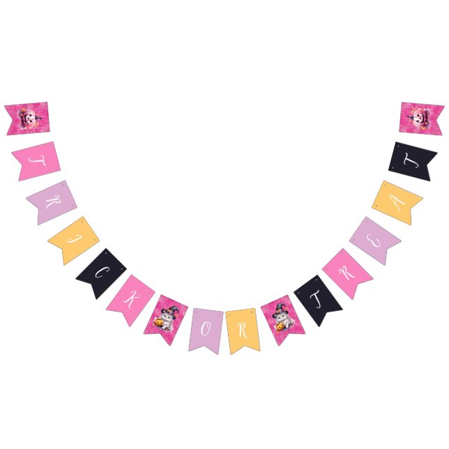 Cute Pink Halloween Birthday Party Kitten Pumpkin Bunting Flags (All)