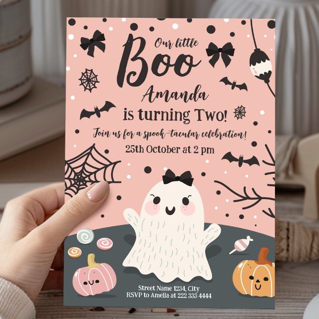 Cute Pink Halloween Birthday Party with White Ghos Invitation (Creator Uploaded)