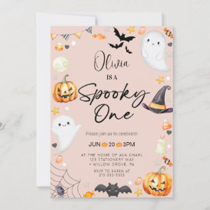 Cute Pink Halloween Ghost 1st Boy Birthday Invitation