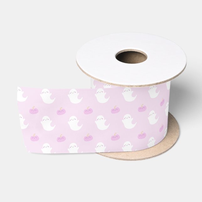 Cute Pink Halloween Ghost and Pumpkin  Satin Ribbon (Spool)