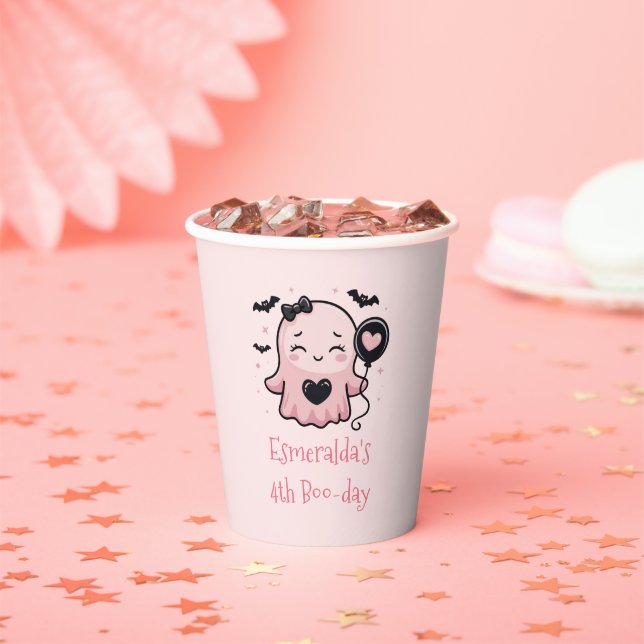 Cute Pink Halloween Ghost Birthday Party Paper Cups (Insitu)