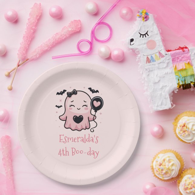 Cute Pink Halloween Ghost Birthday Party Paper Plate (Party)